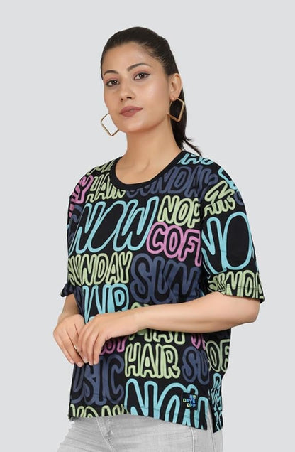 ARISH Women's Black Cotton Top for Gym, Yoga & Sports, All Over Printed,Loose Fit