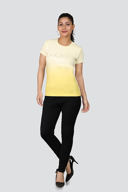 ARISH Women's Ombre Regular Fit Crew-Neck Multicoloured T-Shirt with Typographic Foil Print