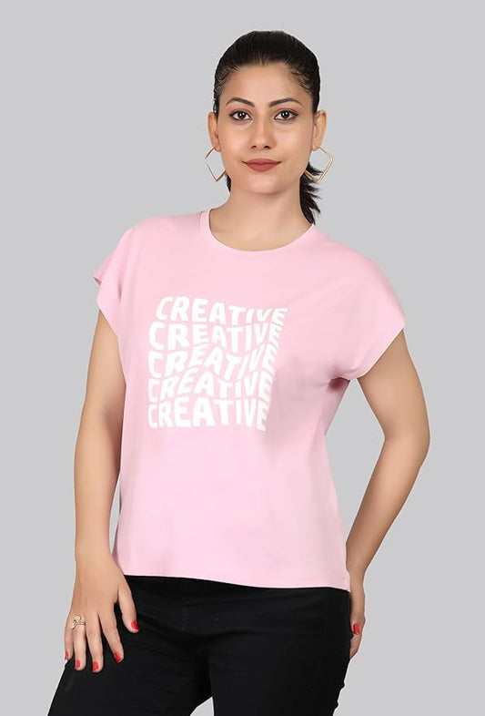 ARISH Women's Pink Cotton T-Shirt (Self Print) with 'Creative' Text HD Print, Round Neck