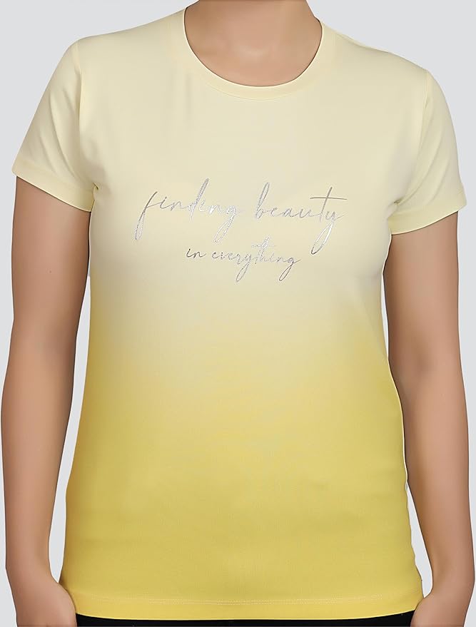 ARISH Women's Ombre Regular Fit Crew-Neck Multicoloured T-Shirt with Typographic Foil Print