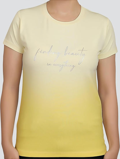 ARISH Women's Ombre Regular Fit Crew-Neck Multicoloured T-Shirt with Typographic Foil Print