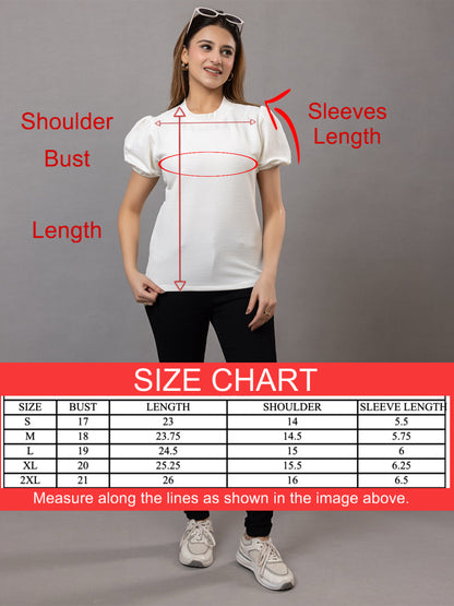 ARISH Women's Puff Sleeve Top, White Textured Knit, Crew Neck, Short Sleeves