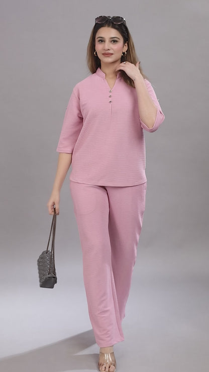 ARISH Women's Casual Pink Loungewear Set, V-Neck Top with Roll-up Sleeves, Wide-Leg Trousers, Co-Ord Set