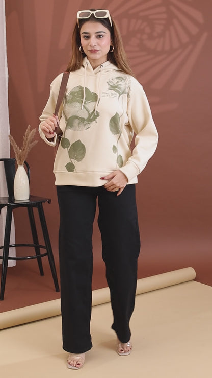 Snowy Blush Women's Cream Pullover Hoodie, Extra Soft Imported Fleece, Olive Rose Print, Velvet Feel