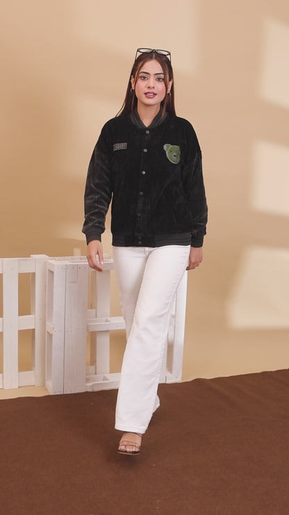 Black Corduroy Varsity Jacket for Women with Olive Green Patches, Button Front Bomber Style