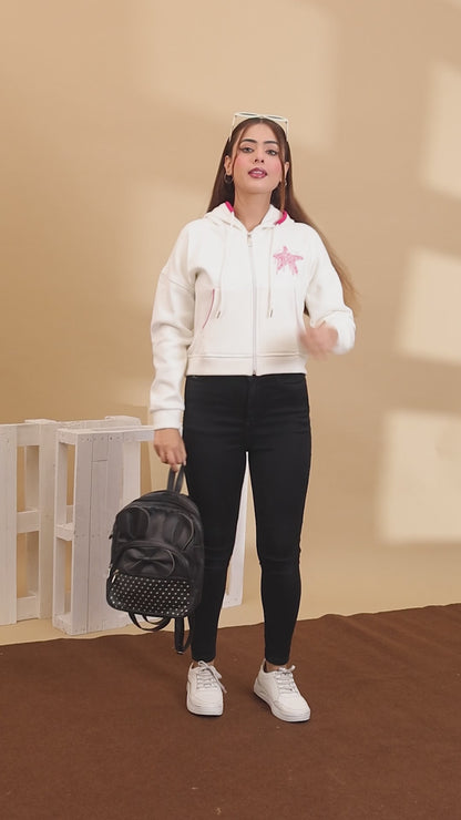 White Zip-Up Hoodie with Pink Starfish Graphic, Drawstring Hood, Front Pockets, Casual Sweatshirt