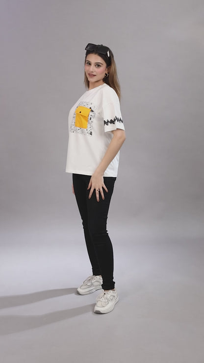 Cotton T-Shirt for |Gym Yoga Sports with Yellow Patch Pocket, Comic Print Design, Black Sleeve Pattern, Loose Fit