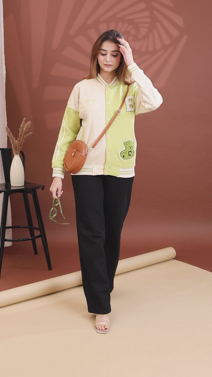 ARISH Lavender/Green Cream Varsity Fleece Polyester Jacket, Imported