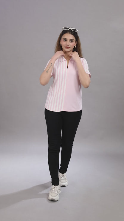 Women's Pink and White Striped Polo T-Shirt, Short Sleeve, Collared Neck