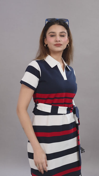 ARISH Striped Polo Tunic Dress, Short Sleeve with Side-Tie Belt, Knee Length, Navy Blue White Red