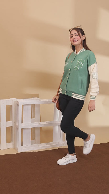 ARISH Varsity Jacket, Onion/Green Cream Red, Imported Fleece Polyester