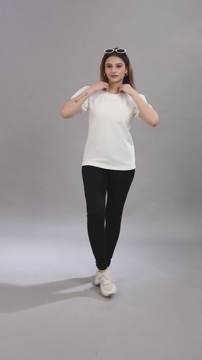 ARISH Women's Puff Sleeve Top, White Textured Knit, Crew Neck, Short Sleeves