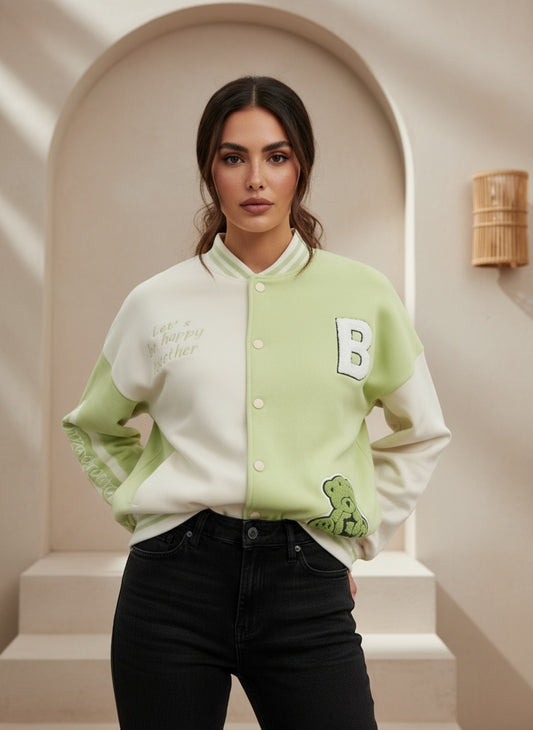 ARISH Lavender Cream Varsity Fleece Polyester Jacket, Imported